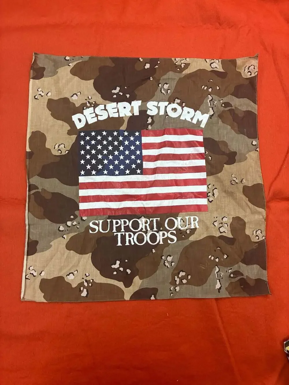 Vintage 1990s Desert Storm Support Our Troops Camouflage Bandana American Flag